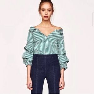 ZARA Off The Shoulder Striped Button Down Shirt